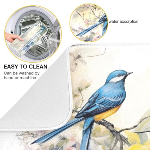 ALAZA Blue Bird with Yellow Flowers Dish Drying Mat - 16 x 18 Inch Kitchen Counter Protector