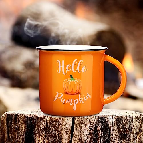 Pumpkin Mugs Set of 2 - 14 oz Ceramic Fall Coffee Cups for Halloween Thanksgiving