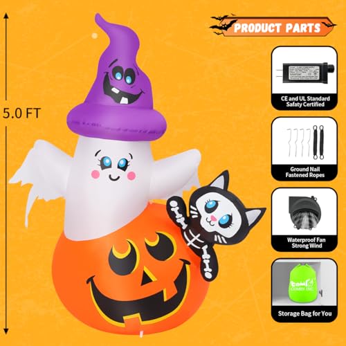 5 FT Halloween Inflatable Pumpkin Ghost Cat Yard Decor with LEDs Waterproof Outdoor Decorations