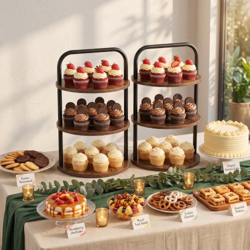 Brown Wooden Cupcake Stand 2 Pack, 3-Tier Dessert Tower for 50 Cupcakes