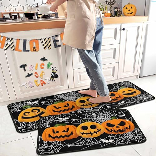 Halloween Pumpkin Spider Web Bat Kitchen Rugs & Mats Set of 2 - Black, 17x47 & 17x30 Variation of THIS listing