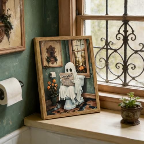 Ghost Reading Newspaper Canvas Wall Art - Framed Halloween Bathroom Decor - 16x12 Inches - Dark Academia Gothic Style