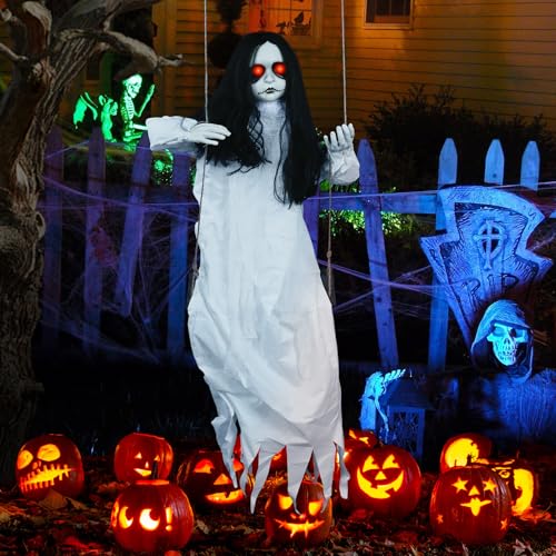 Halloween Hanging Swinging Girl Creepy Doll with White Skirt - Outdoor Decor