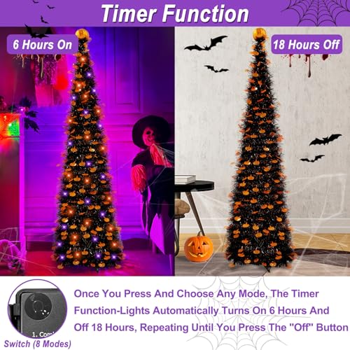 Black Tinsel Halloween Tree with Lights, Pumpkins & Timer - Indoor Decor