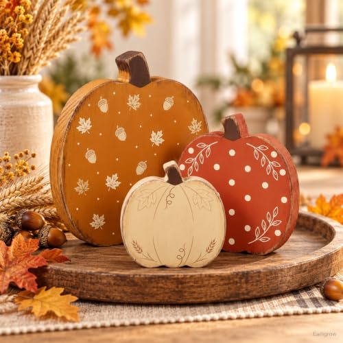Wooden Pumpkin Fall Decor Set - 3 Distressed Rustic Autumn Pumpkins with Seasonal Prints - Pumpkin Variation