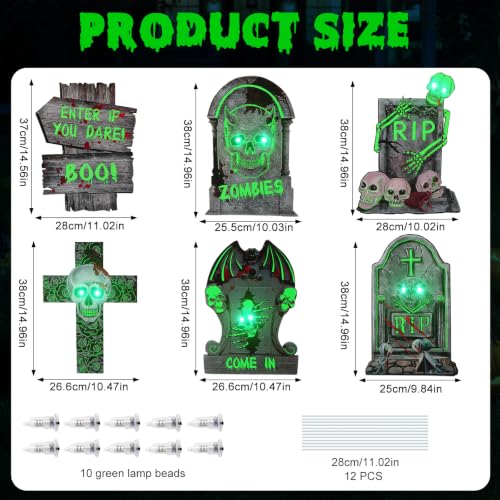 Halloween Tombstone Decorations - Glow in the Dark Outdoor Cemetery Set - 6 Pack with LED Lights - Spooky Yard Decor