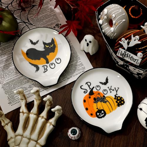 Black Cat Ceramic Spoon Rest with Yellow Pumpkin & Moon Variation, Halloween Kitchen Decor