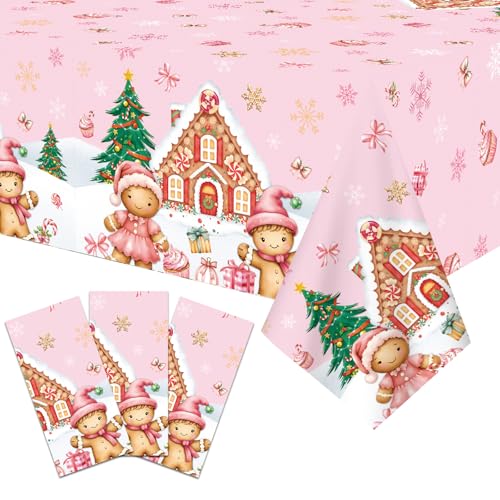 Pink Gingerbread Disposable Christmas Tablecloth Set - 3 Pieces 54x108 Inches