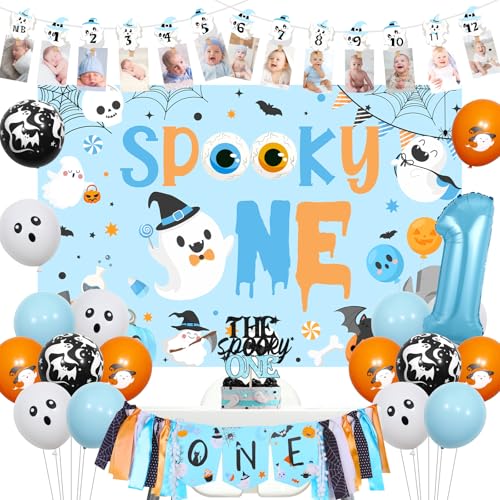 Halloween 1st Birthday Party Decorations Boy Set with Banner Balloons Backdrop & Cake Topper