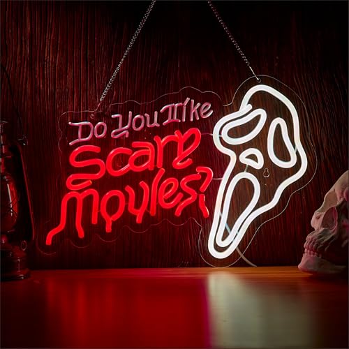 Do You Like Scary Movies Neon Sign - White Read Movie Wall Decor, Horror Theme