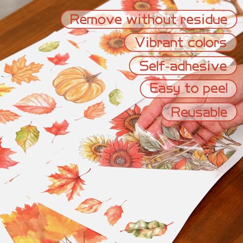 Fall Static Window Clings Set - Autumn Decor Stickers for Home & Office, 9 Sheets 76 pcs - Fall Harvest