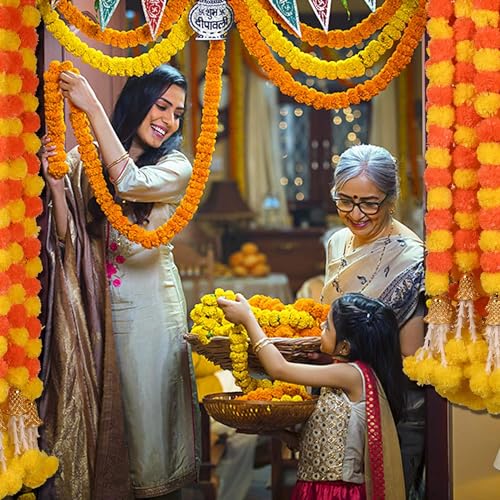 10 Pack Artificial Marigold Garland - Yellow & Dark Orange Wedding & Diwali Decor