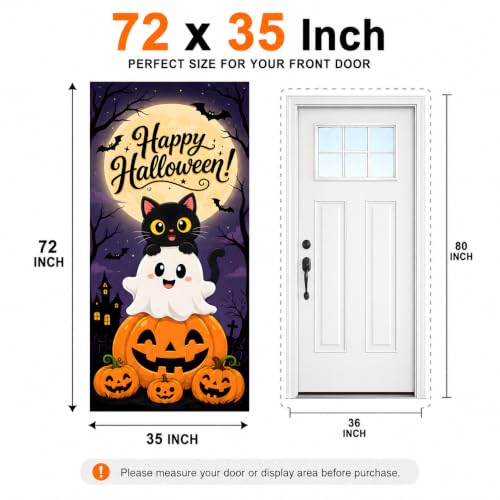 Halloween Door Banner - Black Cat Ghost Pumpkin Porch Decor, 72x35 Inch