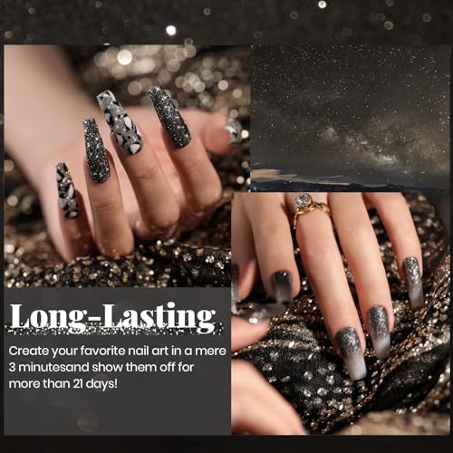 Black Glitter Gel Nail Polish - 15ML Reflective Top Coat for Nails
