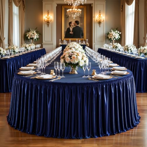 21ft Navy Blue Satin Table Skirt for Rectangle Tables - Wrinkle Resistant, Party & Event Decor
