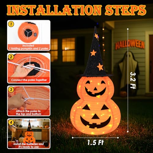 3Ft Pumpkin Halloween Decorations Outdoor with 8 Light Modes Battery Operated Collapsible Jack-o-Lantern for Home Yard Porch