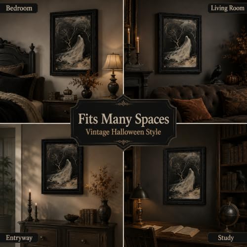 Ghost Wall Art Canvas - Framed Halloween Ghost Scene, 11x9 Inches - Dark Gothic Decor