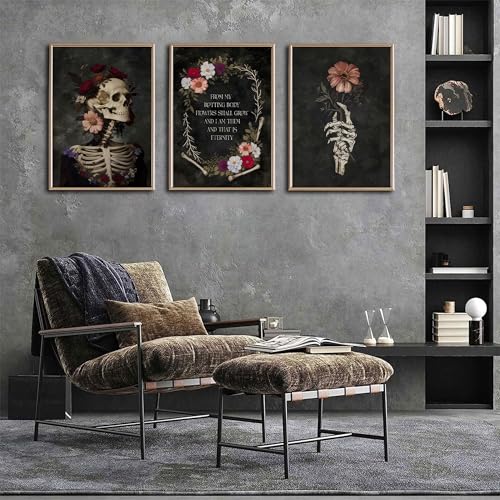 Black Gothic Skull Canvas Wall Art - Romantic Moody Flowers Poster for Bedroom & Halloween Decor - 16x24in