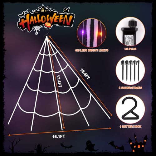 Halloween Spider Web Lights with 455 LEDs and Remote Control - 16.4Ft Outdoor Indoor Decoration