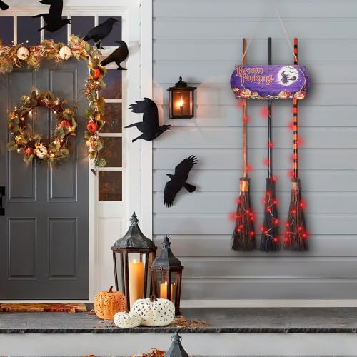 Halloween Wall Decor Broom Parking Sign with 3 Witch Brooms - Spooky Outdoor Indoor Halloween Decoration