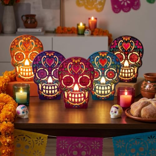 Day of The Dead Skeleton Table Decor - Lighted Sugar Skull Set of 5 - Halloween & Party Accent