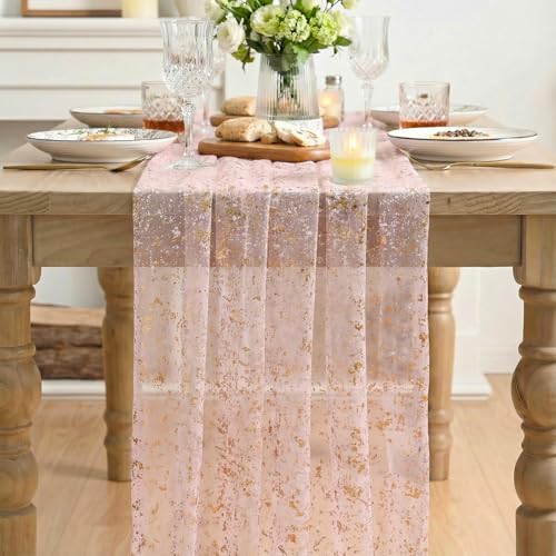 Pink Gold 6PC Gauze Table Runner Set - 28 x 120 Inch Glitter Metallic Decor
