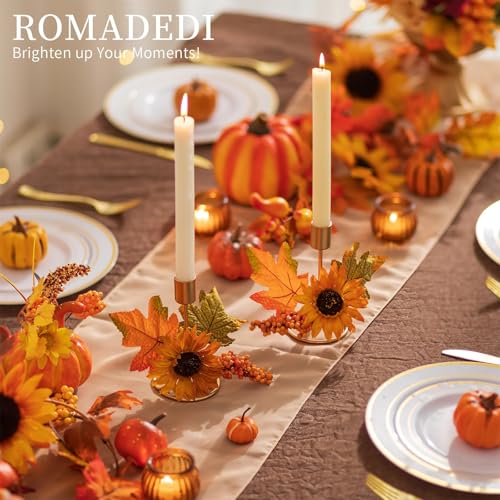 Fall Candle Holder Set of 4 - Gold Thanksgiving Decor with Sunflower & Maple Leaves