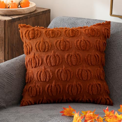 ANRODUO Fall Decorations Pillow Covers 18x18 Set of 2 Dark Rust Pumpkin Embroidered