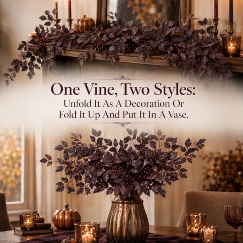 Artificial Fall Garland - 2pcs Moody Plum Burgundy Autumn Leaf Decor