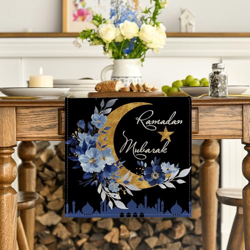 Black Castle Lantern Flower Ramadan Table Runner - 13x72 Inch Seasonal Home Decor