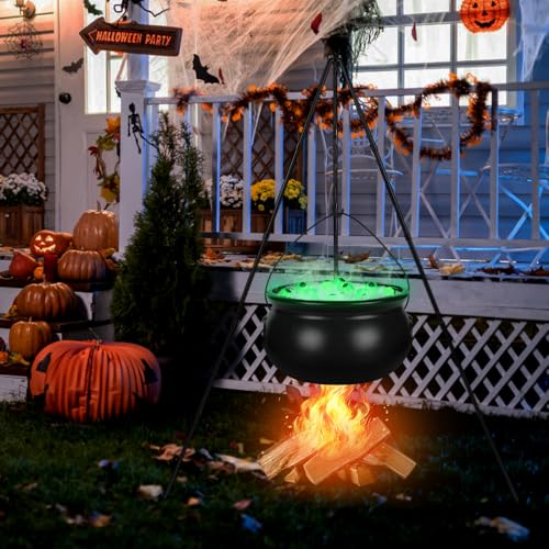 Outdoor Halloween Witch Cauldron with Tripod and Glowing Eyeballs - Spooky Yard Decor