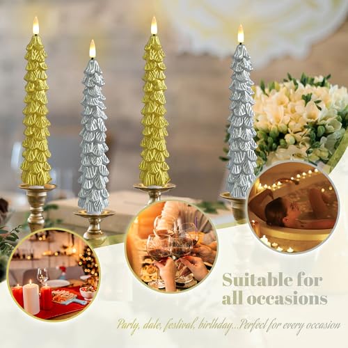 Silver Flameless Christmas Tree Candles Set with Remote & Timer - Real Wax, 9.8 Inch, 2 Pack
