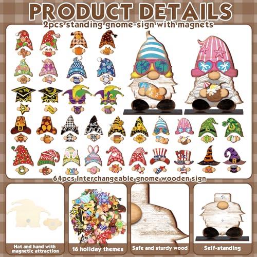 Seasonal Wooden Gnome Decor Set with Interchangeable Hats and Accessories - Farmhouse Holiday Centerpieces