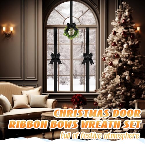 Black Christmas Door Wreaths & Bow Set - Holiday Decoration for Cabinets & Windows
