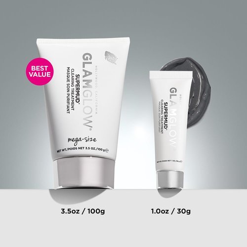Glamglow SUPERMUD Instant Clearing Treatment Face Mask | Clearing Face Mask For Acne Prone Skin and Oiliness to help Minimize Pores | Activated Charcoal, BHA & AHAs, Travel Size, 1 Ounce