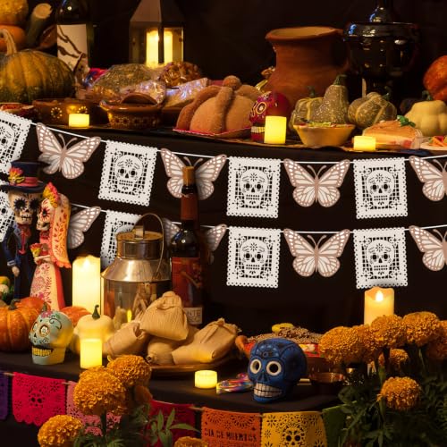 White Papel Picado Banner for Day of the Dead Decorations - 6 Pack, 7 ft