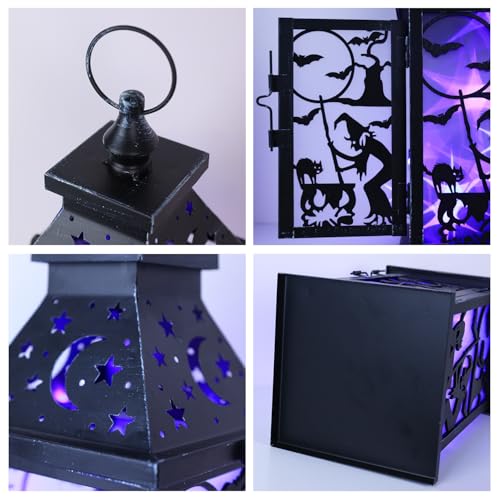 Halloween Indoor & Outdoor Lantern with Witch, Bat & Cat Variation - 14.9" Spooky Candle Decor with 82" LED Lights