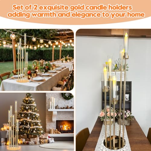 Gold Floor Candle Holders Set with 20 LED Candles, 2 Tall Candelabras for Wedding & Home Decor - With LED Candle / 2