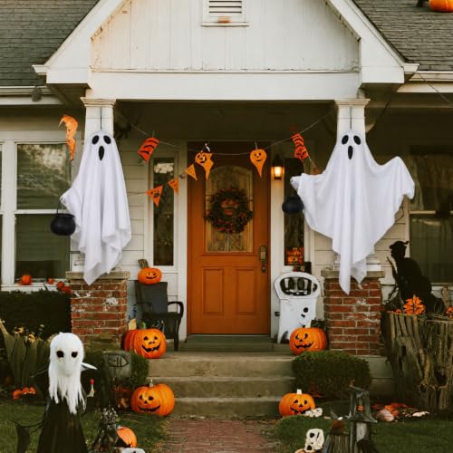 2 Pack Glowing Hanging Ghosts with Black Cauldrons - Halloween Yard Decor, Indoor Party Decorations, Spooky Ghosts with LED Glow - White Variant