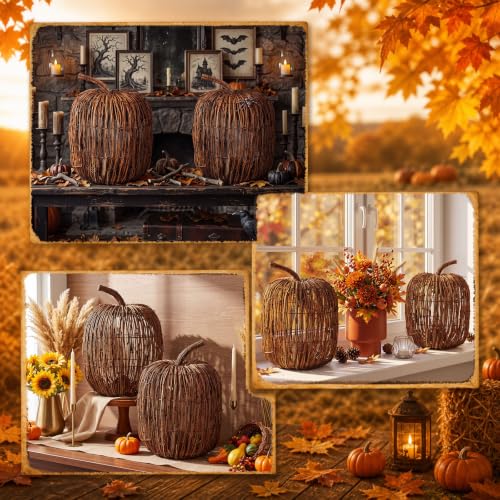 Artificial Wicker Pumpkin Decor Set - 12 x 10 Inches Farmhouse Fall Decoration - 2 Pieces