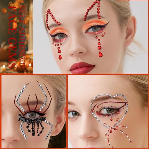 Self-Adhesive Face Gems Set for Makeup Halloween Costume - Red Black Clear