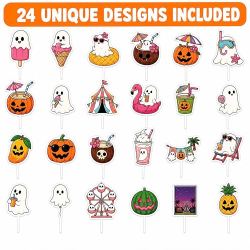24PCS Halloween Cupcake Toppers Ghost Pumpkin Tropical Party Decorations