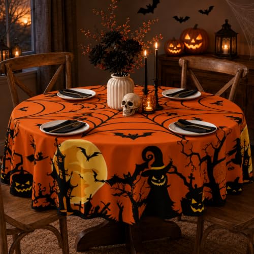 Halloween Round Tablecloth 60 Inch Pumpkin Spider Web Bat Water-Resistant Reusable Table Cover - Orange