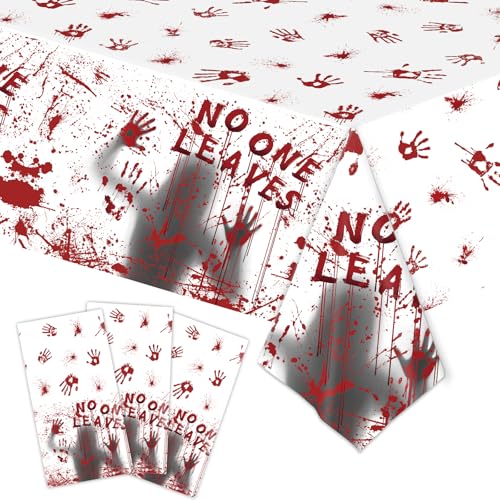 Halloween Bloody Handprint Table Cover & Backdrop Banner - Waterproof Disposable Plastic, 54x108 Inch, 3-Pack