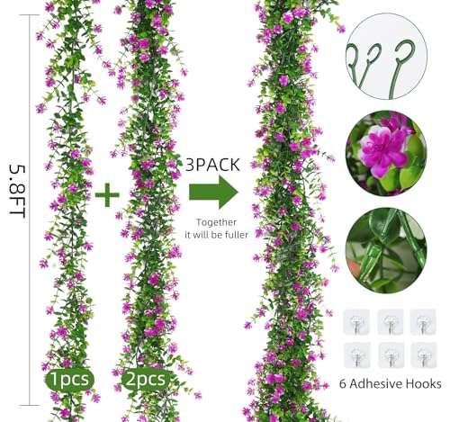 Artificial Eucalyptus Garland with Flowers - Fuchsia Variation, 5.8 Ft, Pack of 3