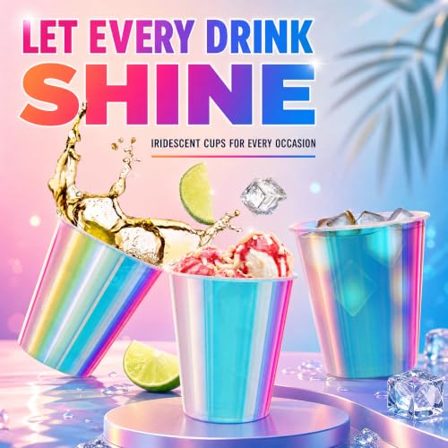 12 oz Iridescent Plastic Cups - Pack of 50 Disposable Glitter Party Cups