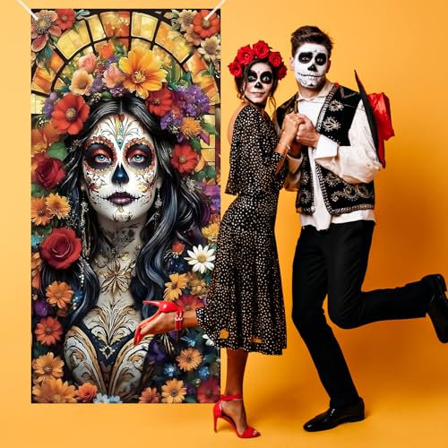 Day of The Dead Door Cover Banner for Fiesta & Halloween Decorations 72x35"