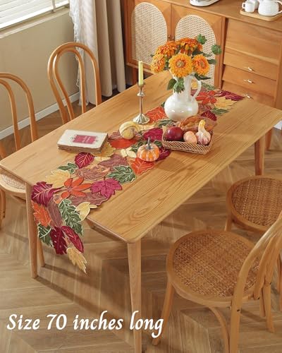 Fall Table Runner with Embroidered Maple Leaves - 36 Inches Long - Red & Green