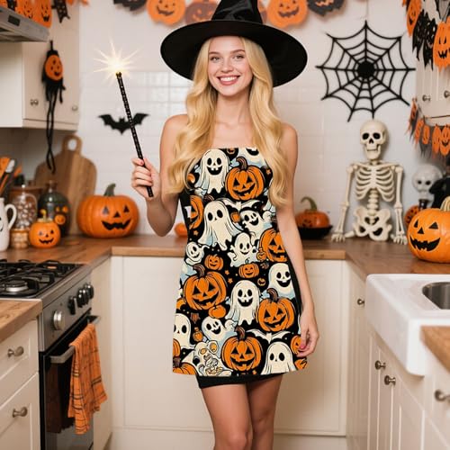 Halloween Funny Apron for Men Women Kitchen Grilling Cooking Pumpkin Ghost Skull