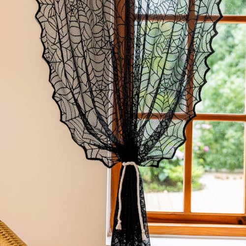 Halloween Black Lace Curtains 72 Inch - Dark Academia Sheer Panels, Pack of 2 - Black / 52" W x 72" L